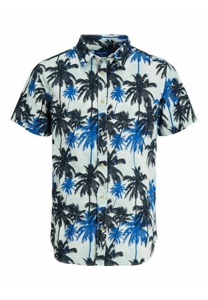Chemise à manches courtes à boutons avec un motif de palmiers noirs et bleus sur fond blanc.