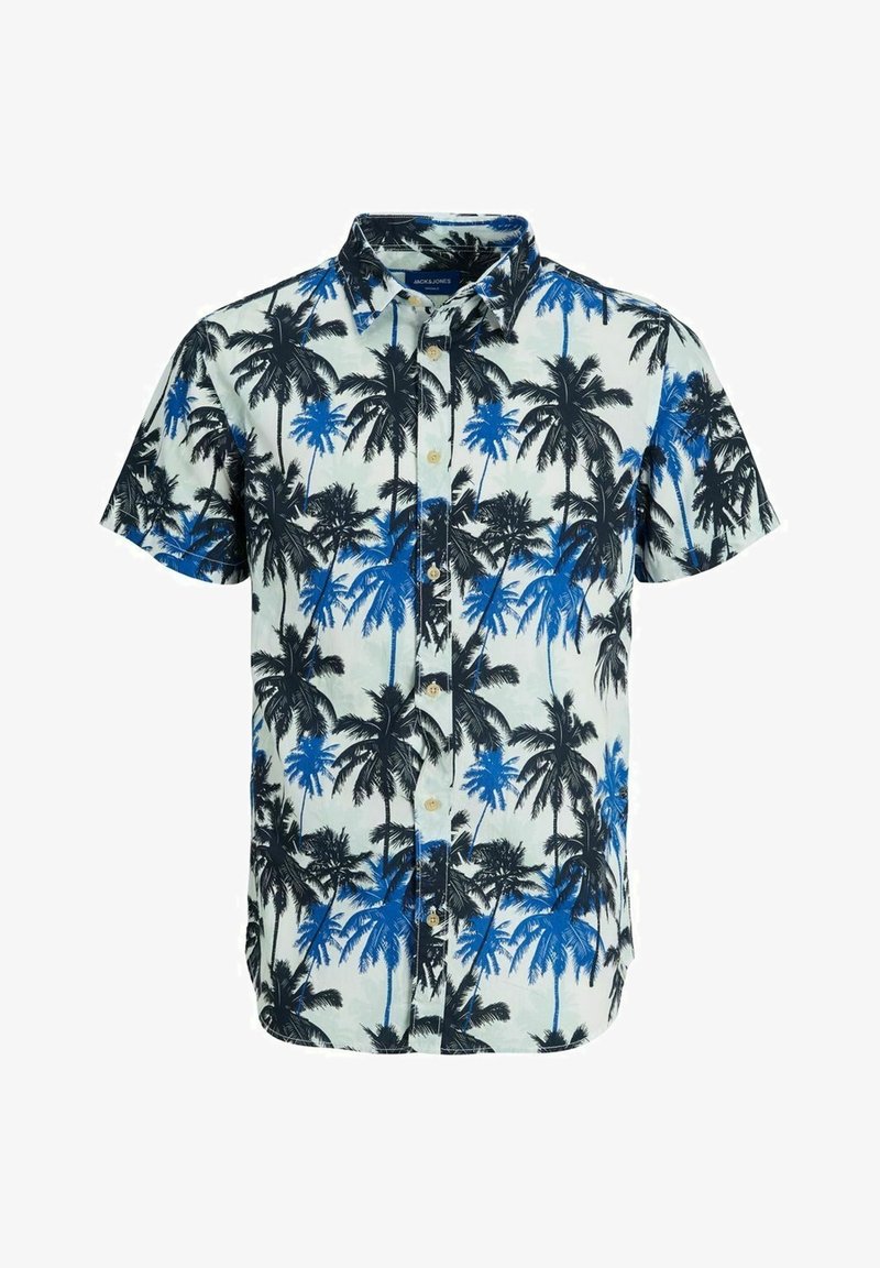 Chemise à manches courtes à boutons avec un motif de palmiers noirs et bleus sur fond blanc.