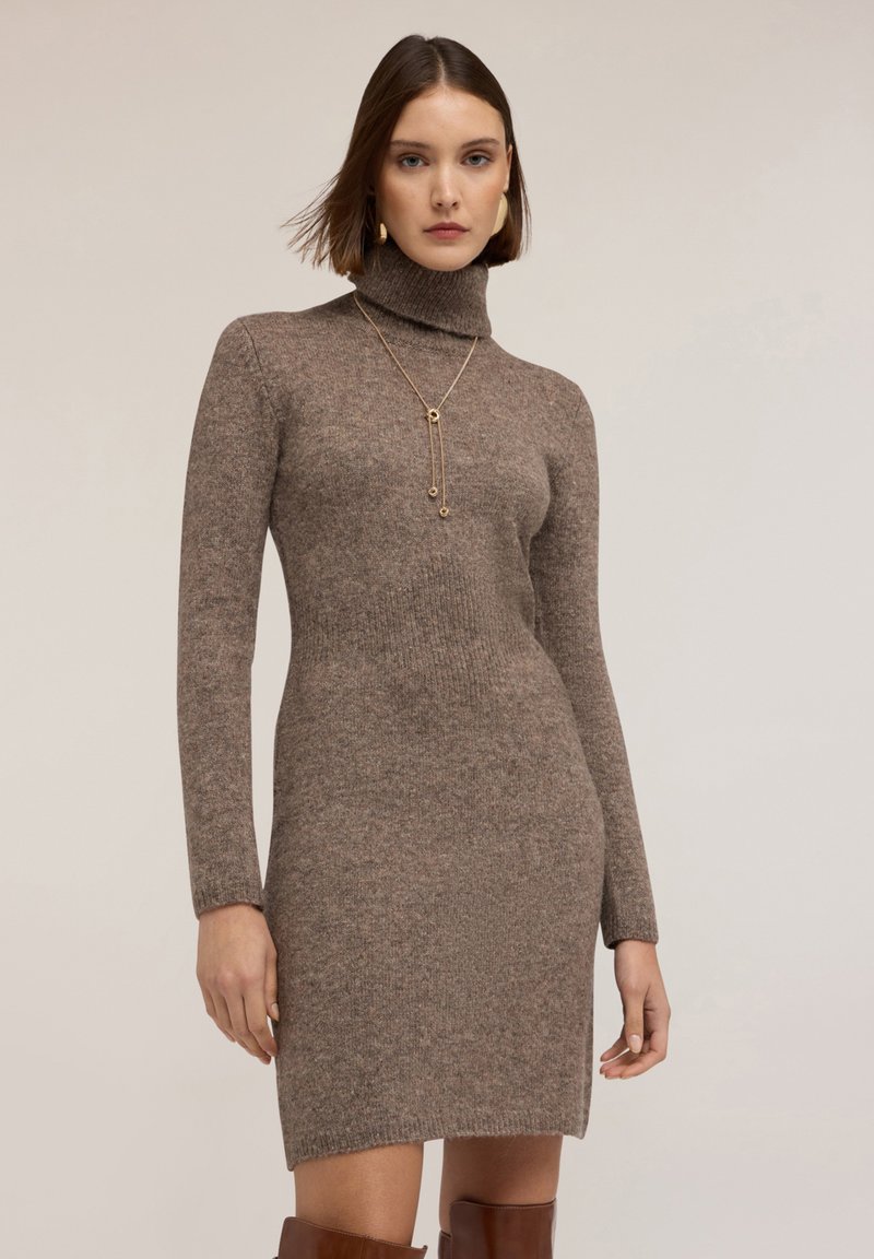 Strick-Poloshiftkleid in einem sanften Braunton, mit langen Ärmeln, taillierter Silhouette und gerippter Textur, kombiniert mit goldenen Halskettenakzenten.