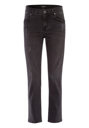 Jean en denim noir à coupe droite, présentant un léger délavage, des détails usés, et une fermeture à boutons. Étiquette de la marque visible à la taille.