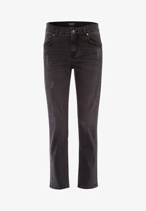 Jean en denim noir à coupe droite, présentant un léger délavage, des détails usés, et une fermeture à boutons. Étiquette de la marque visible à la taille.