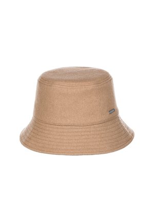 Brown woolen bucket hat with a rounded crown and stitched brim, featuring a small label on the side for branding.