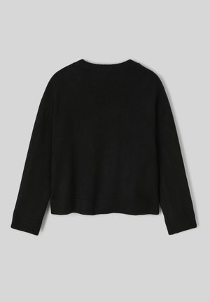 Pull noir court avec des manches longues, un ourlet côtelé et un tissu texturé doux. La vue de dos montre un col rond simple.