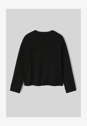 Pull noir court avec des manches longues, un ourlet côtelé et un tissu texturé doux. La vue de dos montre un col rond simple.