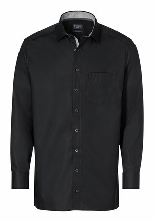 Schwarzes Langarmshirt aus glattem Stoff. Mit einer Knopfleiste, Kragen und einer einzelnen Brusttasche mit einem dezenten Logo-Detail.