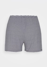 Shorts rayés avec une taille élastique, dotés de rayures alternées bleu marine et blanches. Texture lisse et poches latérales.