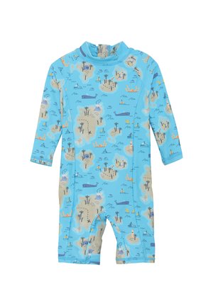 Combinaison de plongée bleue pour enfants, à manches longues, ornée d'un motif ludique sur le thème de l'océan, avec des îles, des baleines et des bateaux dans des couleurs contrastées.