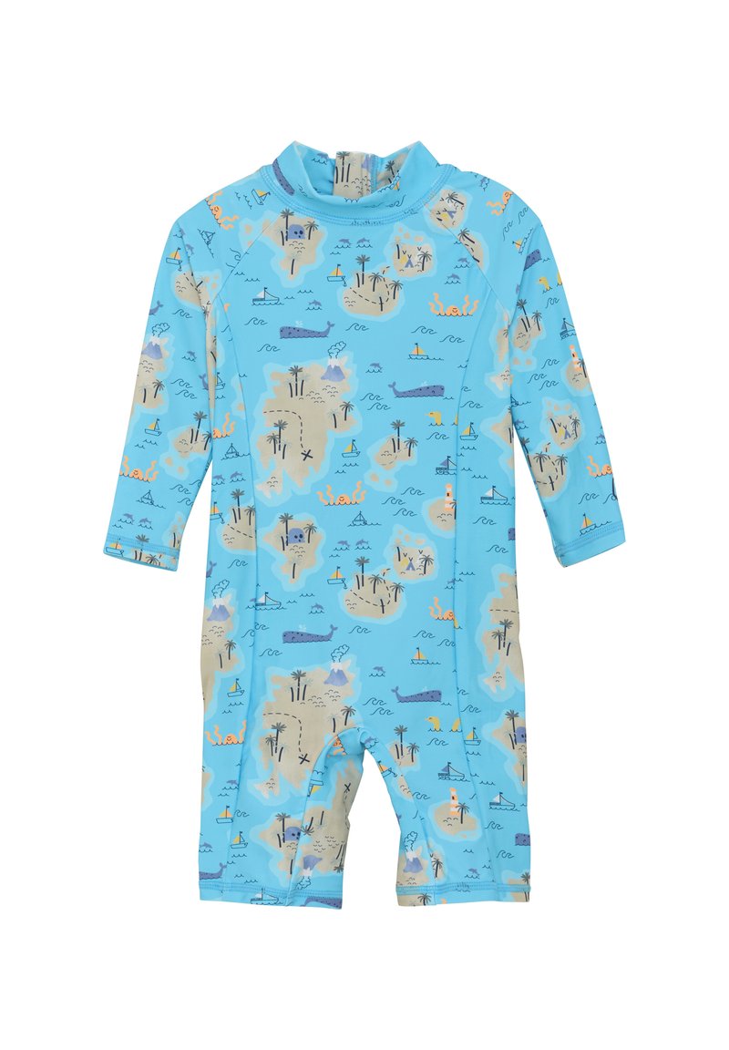 Blå barnvåtdräkt med långa ärmar, som har ett lekfullt havstema med tryck av öar, valar och båtar i kontrasterande färger.