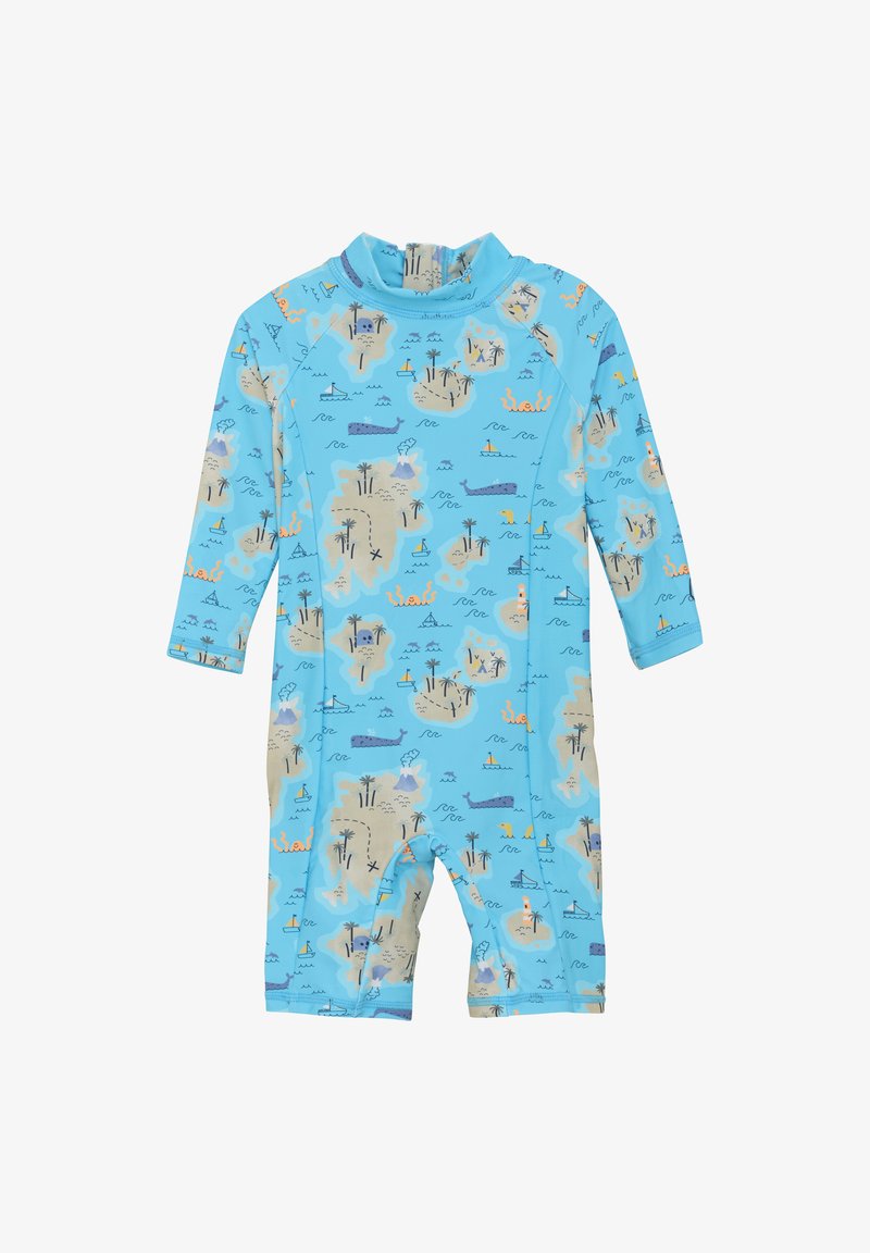 Combinaison de plongée bleue pour enfants, à manches longues, ornée d'un motif ludique sur le thème de l'océan, avec des îles, des baleines et des bateaux dans des couleurs contrastées.
