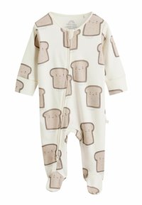 Babybody med långärmar i krämvit färg, med ett motiv av rostat bröd i beige, försedd med dragkedja framtill och fotbeklädd design.