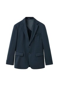 Marineblauwe getextureerde blazer met een gelapte reverskraag, twee voorzakken en twee knopen. Gevoerd interieur en een enkele borstzakdetail.