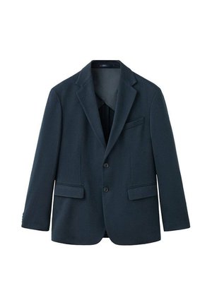 Marineblauer strukturierter Blazer mit Reverskragen, zwei vorderen Taschen und zwei Knöpfen. Gefüttertes Innenfutter und detailreiche einzelne Brusttasche.
