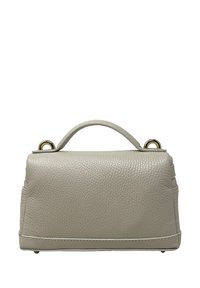 Šedá kožená kabelka se strukturovaným tvarem, texturovaným povrchem a krátkým uchem. Obsahuje zlaté kovové doplňky a jemné prošívání.