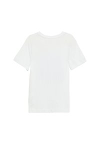 Weißes Baumwoll-T-Shirt mit klassischem Rundhalsausschnitt und kurzen Ärmeln. Glatte Textur ohne sichtbare Muster oder Logos. Rückansicht.