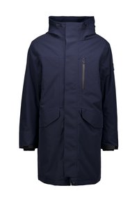 Navyblaue, wasserdichte Parka mit hohem Kragen, Frontreißverschluss, zwei großen Fronttaschen und einer zusätzlichen Brusttasche; strukturierter Stoff.
