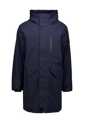 Navyblaue, wasserdichte Parka mit hohem Kragen, Frontreißverschluss, zwei großen Fronttaschen und einer zusätzlichen Brusttasche; strukturierter Stoff.