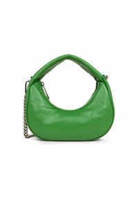 Borsa in pelle verde con una forma arrotondata, dotata di una maniglia corta e di una tracolla a catena. Texture liscia e design minimalista.
