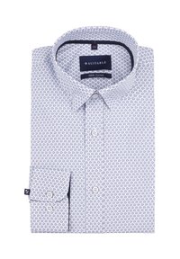 Gevouwen, gerimpeld overhemd van 100% katoen, wit met een blauw paisley patroon. Voorzien van een button-down kraag en manchetten met een enkele knoop. Label zichtbaar.