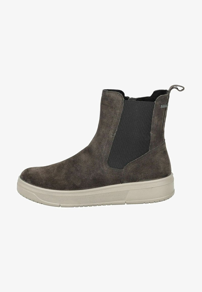 Szare zamszowe botki za kostkę z elastycznymi panelami bocznymi, pętelką na pięcie i gumową podeszwą. Posiadają okrągły czubek i textured powierzchnię.