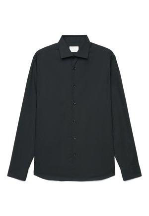 Schwarzes langärmeliges Hemd mit Knopfleiste, klassischem Kragen, sechs Knöpfen vorne und geradem Saum, flach auf weißem Hintergrund dargestellt.