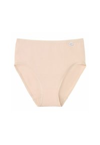 Beige Hochbund-Unterwäsche aus glattem Stoff, mit einem schlichten Design ohne Muster und einem kleinen Logobereich am Bund.