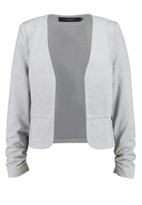 Harmaa bleiseri, jossa on sileä pinta, avoin etuosa ja pitkät hihat. Sisältää minimaalista sauman yksityiskohtaa ja kaksi etutaskua.