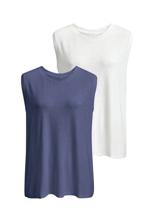 Two sleeveless crew neck tank tops, one navy blue in front and one white in back, shown on a plain white background.