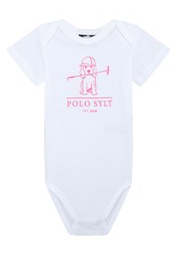 White cotton baby onesie featuring short sleeves and a snap closure at the bottom. Center graphic of a dog in a cap holding a mallet in pink.