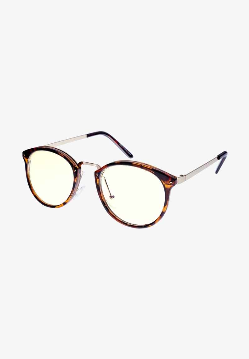 Silmälasit, joissa on tortoiseshell-kissatyyli, läpinäkyvät keltaiset linssit, metalliset yksityiskohdat ja mustat kärjet varsissa. Säädettävät nenätyynyt mukavuutta varten.