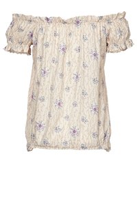 Blusa floral sin mangas en crema, con mangas con volantes y dobladillo fruncido. El estampado incluye pequeñas flores moradas sobre una tela texturizada.