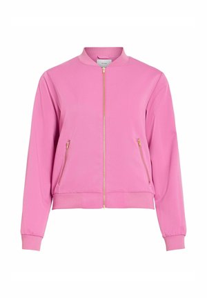 Roosa bomber-tüüpi jakk esiküljel kuldse luku, kahe lukuga küljetasku, soonikkoes krae, mansetid ja ääris, valgel taustal.