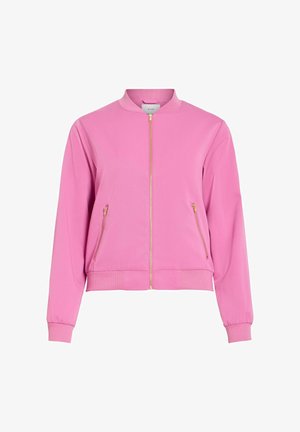 Veste bomber rose avec fermeture éclair avant dorée, deux poches latérales zippées, col, poignets et ourlet côtelés, présentée sur fond blanc.