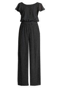 Combinaison noire à pois blancs, manches courtes volantées, taille élastique et coupe à jambes larges. Tissu léger, texture lisse.