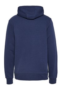Felpa blu navy con cappuccio regolabile, maniche lunghe e design posteriore semplice; realizzata in un tessuto morbido e strutturato.