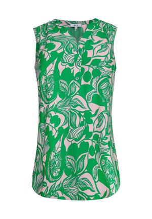 Groene mouwloze blouse met een roze bloemenpatroon, V-halslijn en een placket met drie knopen; gladde textuur en lichte stof.