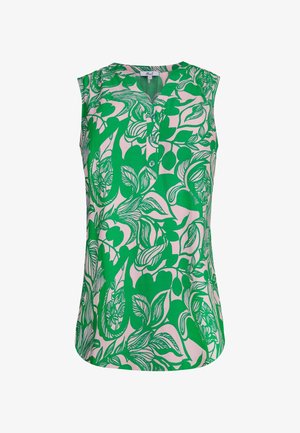 Groene mouwloze blouse met een roze bloemenpatroon, V-halslijn en een placket met drie knopen; gladde textuur en lichte stof.