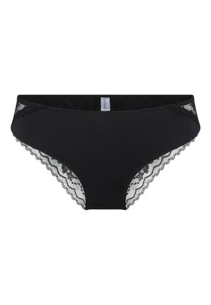 Zwarte panties met een kanten rand langs de bovenkant en zijkanten, een gladde stoffen body en bloemenkant accenten, die een contrast in textuur bieden.