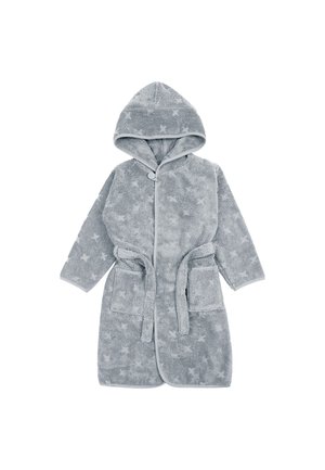 Blød grå hættebadekåbe med stjernemønstre, knapper foran, bælte og to store lommer.