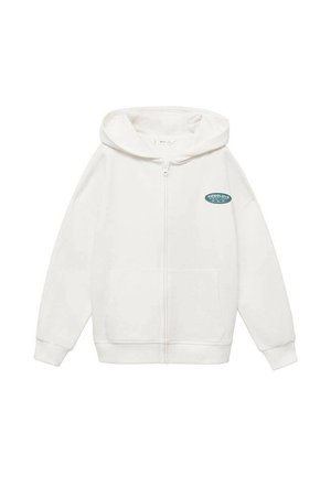Biała bluza z kapturem zapinana na zamek, z przednimi kieszeniami i małym zielonym logo "HONOLULU" na lewej piersi, z kapturem i długimi rękawami.