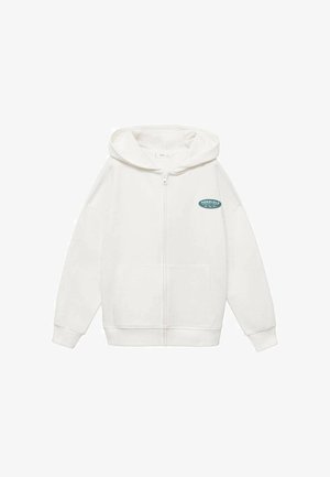 Felpa bianca con cerniera, tasche frontali e un piccolo logo verde "HONOLULU" sul lato sinistro del petto, con cappuccio e maniche lunghe.