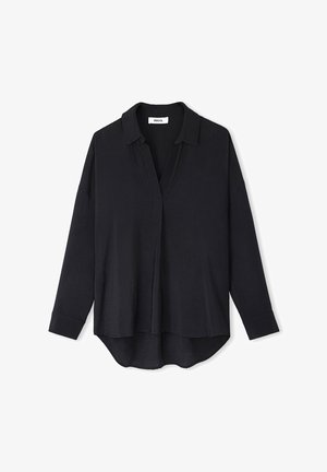 Zwarte longsleeve shirt van zachte stof met een kraag, een V-vormige opening en een licht gebogen zoom.