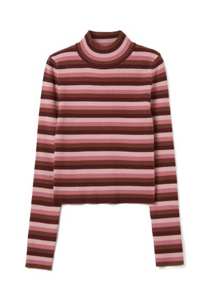 Suéter de cuello alto a rayas con mangas largas; presenta tonos alternos de marrón y rosa en una textura acanalada. Longitud corta.