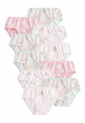 Set de zece lenjerii pentru copii cu modele pastelate cu unicorni, flori și căprioare, în culorile roz, alb și verde mentă.