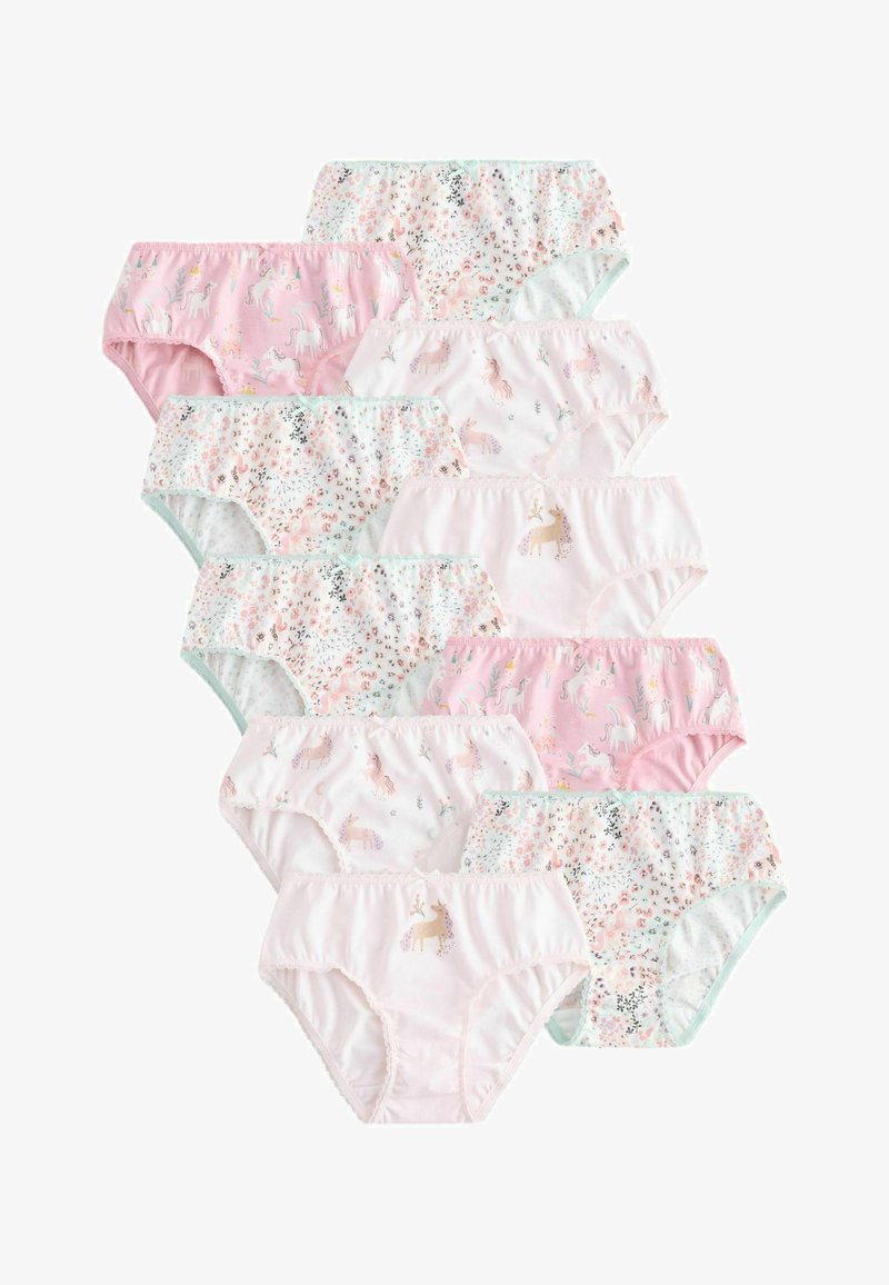 Ensemble de dix sous-vêtements pour enfants avec des motifs pastel de licornes, fleurs et cerfs, dans des couleurs rose, blanc et vert menthe.