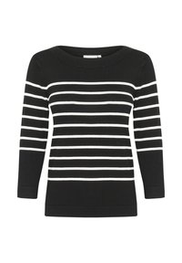 Maglia a maniche lunghe a righe bianche e nere con scollatura ampia e polsini aderenti, realizzata in morbido tessuto a maglia, caratterizzata da righe orizzontali.