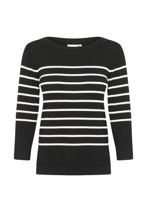 Top de manga larga a rayas blancas y negras con un escote amplio y puños ajustados, hecho de un suave tejido de punto, con rayas horizontales.