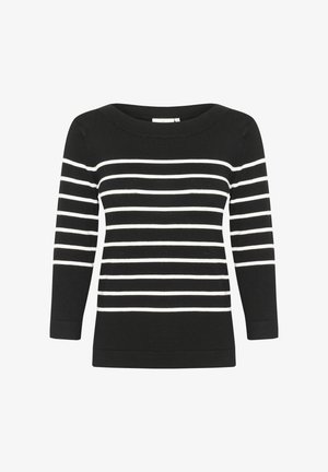 Zwart-wit gestreepte langemouwen top met een brede halslijn en strakke manchetten, gemaakt van zachte gebreide stof, met horizontale strepen.