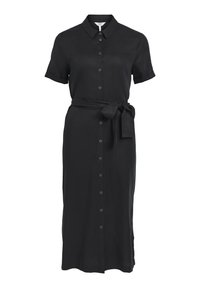 Robe noire à boutons, manches courtes, col et ceinture nouée à la taille. Le tissu semble lisse avec un léger éclat.