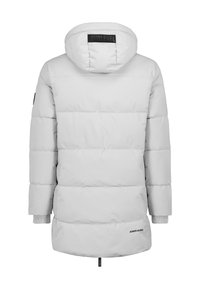 Lichtgrijze pufferjack met capuchon, met een gequilt ontwerp, geribbelde mouwen en een logo op de rug en de zoom.