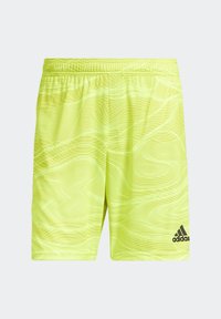 Shorts de sport jaune-vert vif avec un motif subtil de lignes ondulées et un logo Adidas noir sur la jambe inférieure droite.